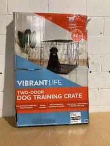 lot 599 image: Vibrant Life Double Door Metal Wire 42 Dog Crate, Leak-Proof Pan & Divider for Dogs Up to 90 lbs