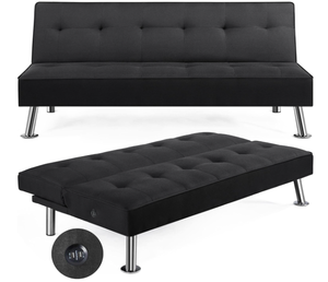 lot 46 image: Yaheetech Modern Convertible Futon Sofa Bed w 2 Integrated USB Charging Ports Fabric Loveseat Couch Metal Legs