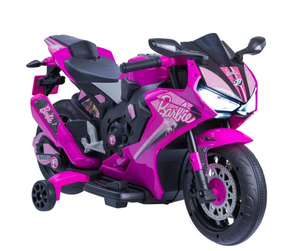 lot 100 image: Flybar 6V Barbie Motorcycle Ride on, Max 1 mph, for Kids Ages 3 Years