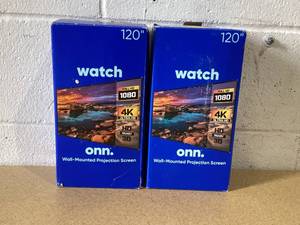 lot 704 image: LOT OF 2 Onn. IndoorOutdoor Wall Mounted Projector Screen, White