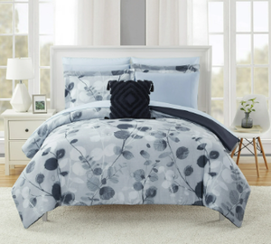lot 325 image: Mainstays 10 Piece Blue Leaves Bed in a Bag Comforter Set with Sheets, Queen