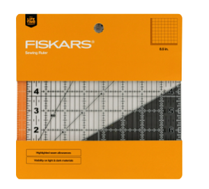 lot 693 image: LOT OF 6 Fiskars 8.5in x 8.5in Square Sewing Ruler, Measuring Tool, Durable 3mm thick clear acrylic, Center 45-degree bias line