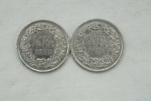 lot 7 image: 2 Swiss Coins 12 Franc. 1971. 1975.