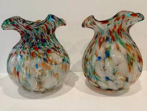 lot 2 image: Pair of Hand Blown Multi Color Confetti Glass Vases