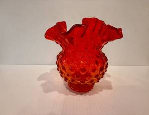 lot 10 image: FENTON Orange Hobnail Vase with Ruffled Edge