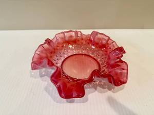 lot 12 image: Cranberry Hobnail Glass Ruffle Candy Dish
