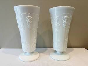 lot 31 image: Pair of Vintage Milk Glass Vases with Grape Leave Motif
