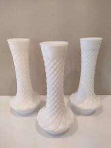 lot 29 image: Three Matching Retro White Milk Glass Vases