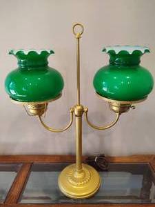 lot 53 image: Vintage Double-Arm Brass & Green Shaded Lamp