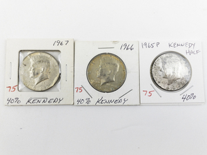 lot 75 image: 1965, 1966, 1967 40% silver Kennedy Half Dollars
