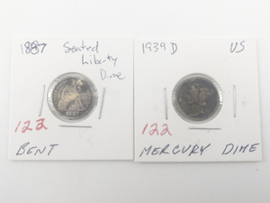 lot 122 image: 1887 Seated Liberty Dime (bent) 1939-D Mercury Dime