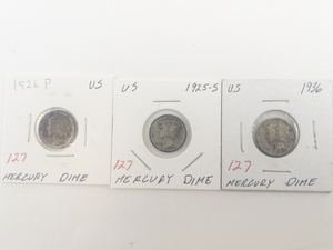 lot 127 image: 1925-S, 1926, 1936 Mercury Dimes