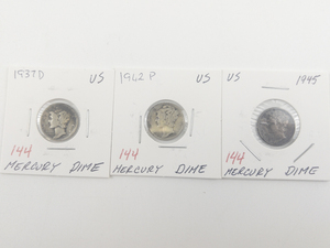 lot 144 image: 1937-D, 1942, 1945 Mercury Dimes