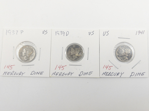 lot 145 image: 1937, 1939-D, 1941 Mercury Dimes