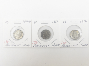 lot 176 image: 1952, 1961, 1961-D Roosevelt Dimes