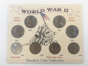 lot 178 image: WWII War coin collection, 4) Silver war nickels 1942-P, 43-P, 44-P, 45-P  4) wheat cents