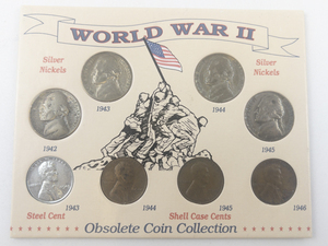 lot 179 image: WWII War coin collection, 4) Silver war nickels 1942-S, 43-S, 44-P, 45-S  4) wheat cents