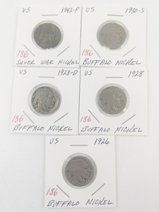 lot 186 image: 1928, 1928-D, 1930-S Buffalo Nickels. 1942-P silver war nickel