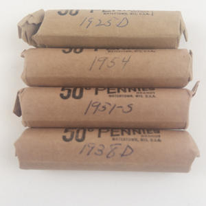 lot 211 image: 3) rolls wheat cents. Marked 1938-D, 1951-S, 1954. I partial roll marked 1925-D