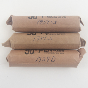 lot 213 image: 3) rolls wheat cents. Marked 1937-D, 1951-S, 1951-S