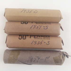 lot 214 image: 4) rolls wheat cents. Marked 1935-S, 1951-S, 1954,  1938-D