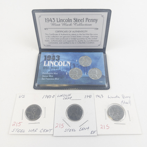 lot 215 image: uncirculated set of 1943 P-D-S steel war cents and 3 circulated war cents