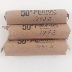 lot 216 image: 3) rolls steel war cents. 1 each marked 1943, 1943-D, 1943-S