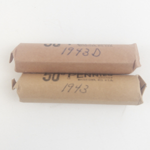 lot 217 image: 2) rolls of steel war cents. 1 each marked 1943, 1943-D
