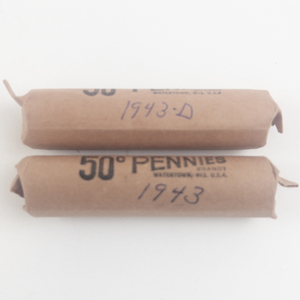 lot 218 image: 2) rolls of steel war cents. 1 each marked 1943, 1943-D