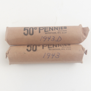 lot 219 image: 2) rolls of steel war cents. 1 each marked 1943, 1943-D