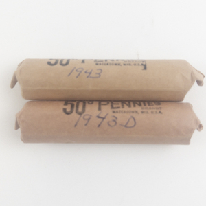 lot 221 image: 2) rolls of steel war cents. 1 each marked 1943, 1943-D