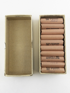 lot 235 image: $10.00 bank box, 20) rolls of wheat cents marked 1938-D, 1939-D, 1939-S, 1940-S, 1944-S