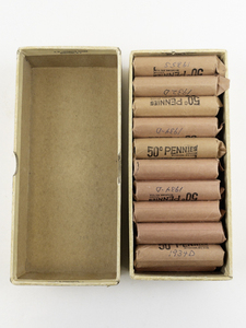 lot 236 image: $10.00 bank box, 20) rolls of wheat cents marked 1930-D, 1930-S, 1932-D, 1934-D, 1935-S