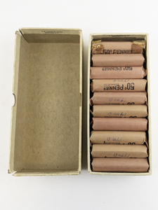 lot 239 image: $10.00 bank box, 20) rolls of wheat cents marked 1940-D, 1940-S