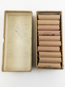 lot 240 image: $10.00 bank box, 20) rolls of wheat cents marked 1940-D, 1941-D, 1941-S, 1947