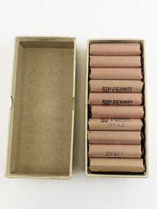lot 241 image: $10.00 bank box, 20) rolls of wheat cents marked 1942-D, 1942-S, 1944-S