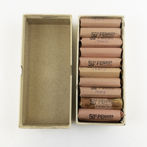 lot 242 image: $10.00 bank box, 20) rolls of wheat cents marked 1944-S, 1945-S