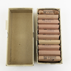 lot 243 image: $10.00 bank box, 20) rolls of wheat cents marked 1946-S, 1947-S, 1947