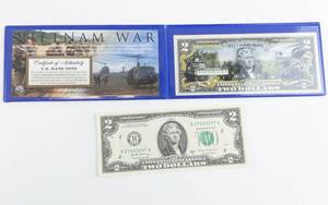 lot 254 image: Vietnam War commemorative enhanced 2 dollar bill plus uncirculated 2017A 2 dollar bill