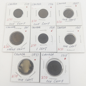 lot 270 image: Canadian Coppers 1897, 1911, 1918 Large cents, 1927, 29, 34, 36, 39  King George Small cents