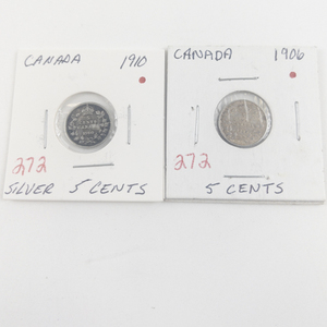 lot 272 image: Canadian Silver 1906, 1910 silver 5 cent fish scales