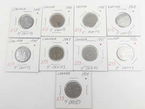 lot 273 image: Canadian Nickels 1924,1928, 1932, 1935, 1941, 1942, 1943, 1944, 1945  King George