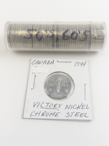 lot 274 image: 1 roll of Canadian nickels 50s, 60s plus 1944 Victory nickel