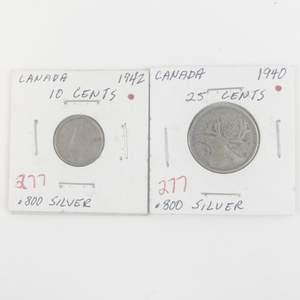 lot 277 image: Canadian Silver 1940 silver quarter, 1942 silver dime