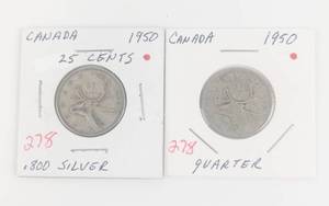 lot 278 image: Canadian Silver 2) 1950 silver quarters