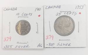 lot 279 image: Canadian Silver 1953 silver quarter, 1910 silver dime