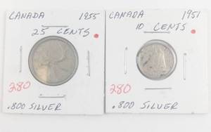 lot 280 image: Canadian Silver 1955 silver quarter, 1951 silver dime