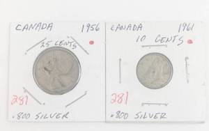 lot 281 image: Canadian Silver 1956 silver quarter, 1961 silver dime