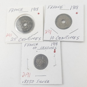 lot 291 image: French Silver 1918 silver 50 Centimes,  plus 1918 10 Centimes and 1918 25 Centimes
