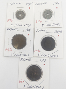 lot 292 image: French 5 Centimes 1854 A (worn) , 1913, 1914, 1924, 1938